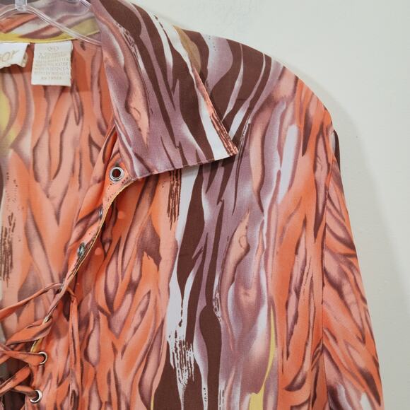Vintage Caviar flame print lace up front long sleeve blouse woman's size XL - Picture 6 of 7